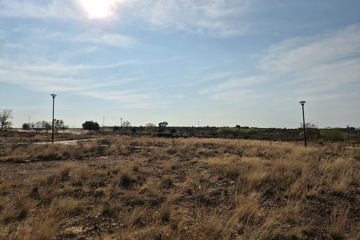 A vacant residential plot featuring natural grass, perimeter fencing, and installed street lighting poles under a clear sky.
