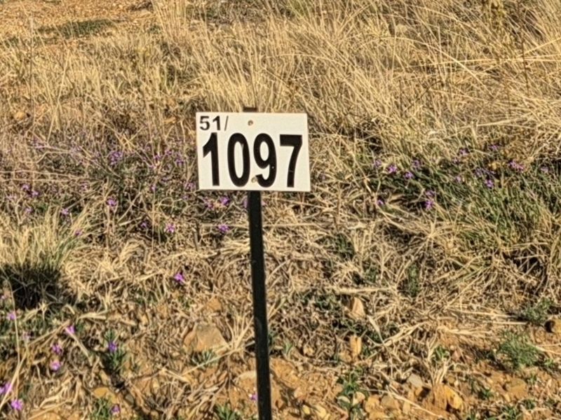 A close-up view of a property boundary marker sign on a vacant residential plot.