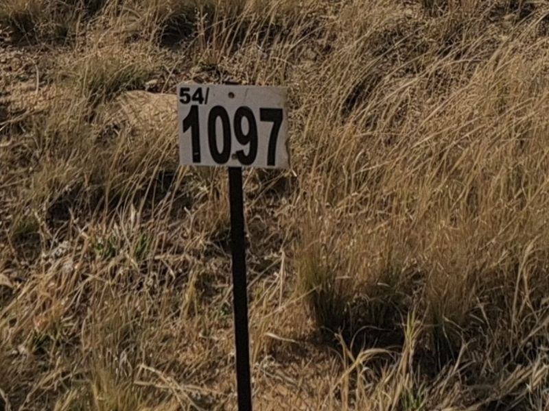 A close-up view of a property boundary marker stake indicating lot number 1097 on a vacant residential plot.