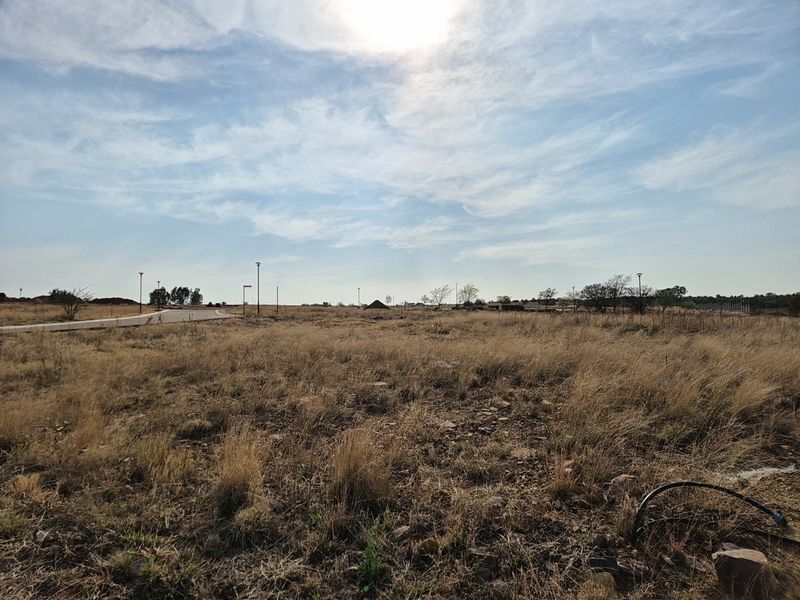 A vacant residential plot featuring natural grass cover, established street lighting, and direct access to a paved road in a developing estate.
