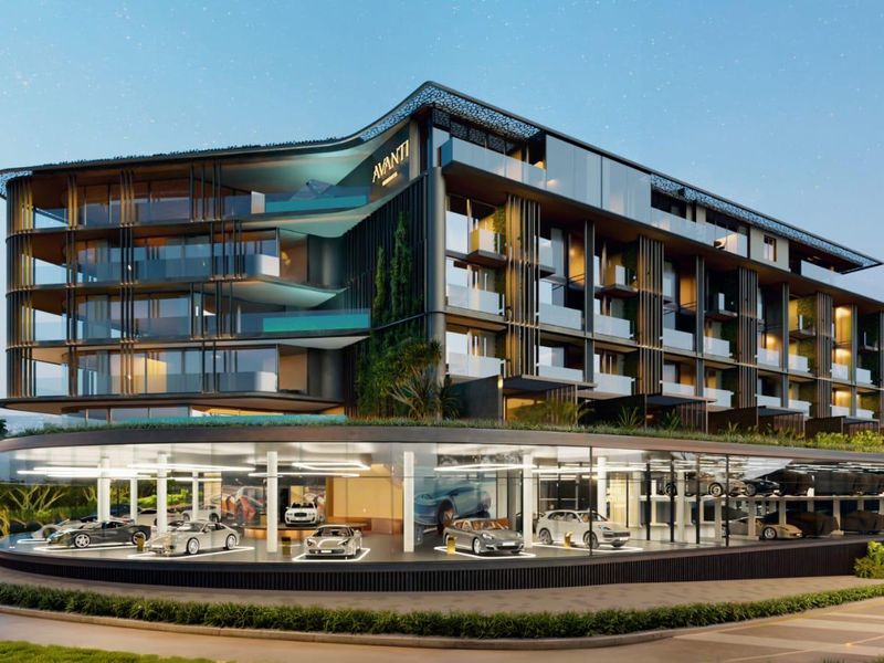 A modern architectural rendering of the Avanti apartment complex featuring a multi-level residential building above a glass-enclosed showroom facility.