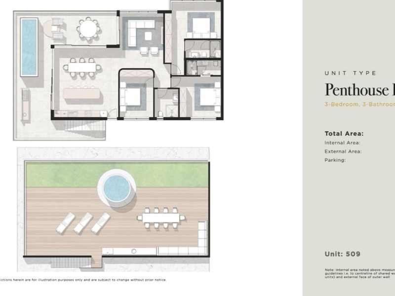 Architectural floor plan for a 3-bedroom, 3-bathroom penthouse unit featuring a lower level living area and a private roof deck.