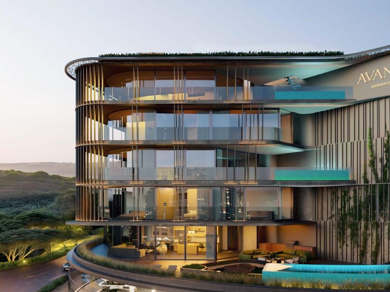 A modern architectural rendering of the Avanti Residences apartment building, showcasing contemporary facade design, glass balconies, and integrated outdoor pool areas.