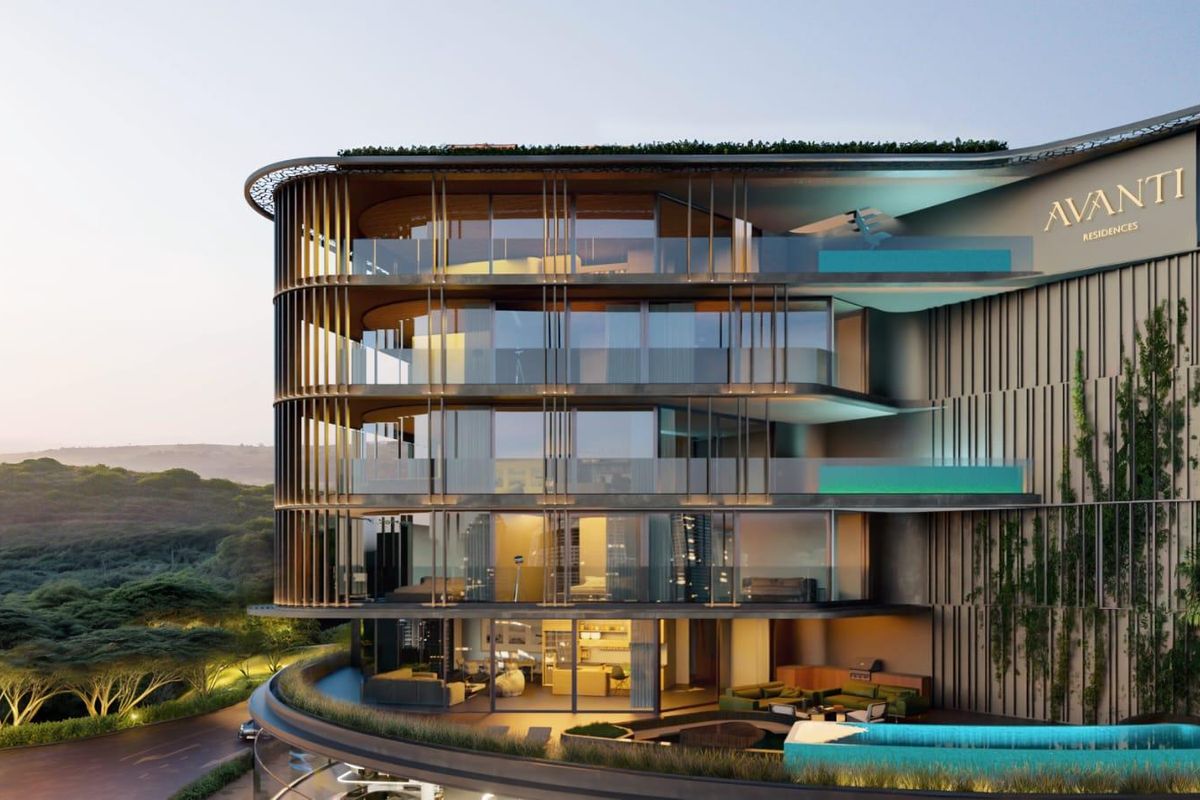 A modern architectural rendering of the Avanti Residences apartment building, showcasing contemporary facade design, glass balconies, and integrated outdoor pool areas.