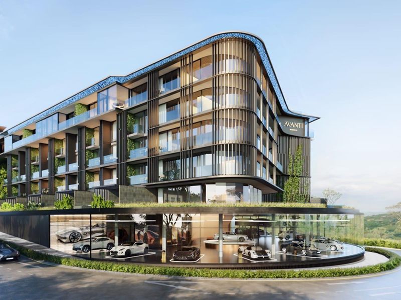 A modern architectural rendering of the Avanti apartment complex, featuring a contemporary facade with glass balconies and a prominent ground-level showroom.