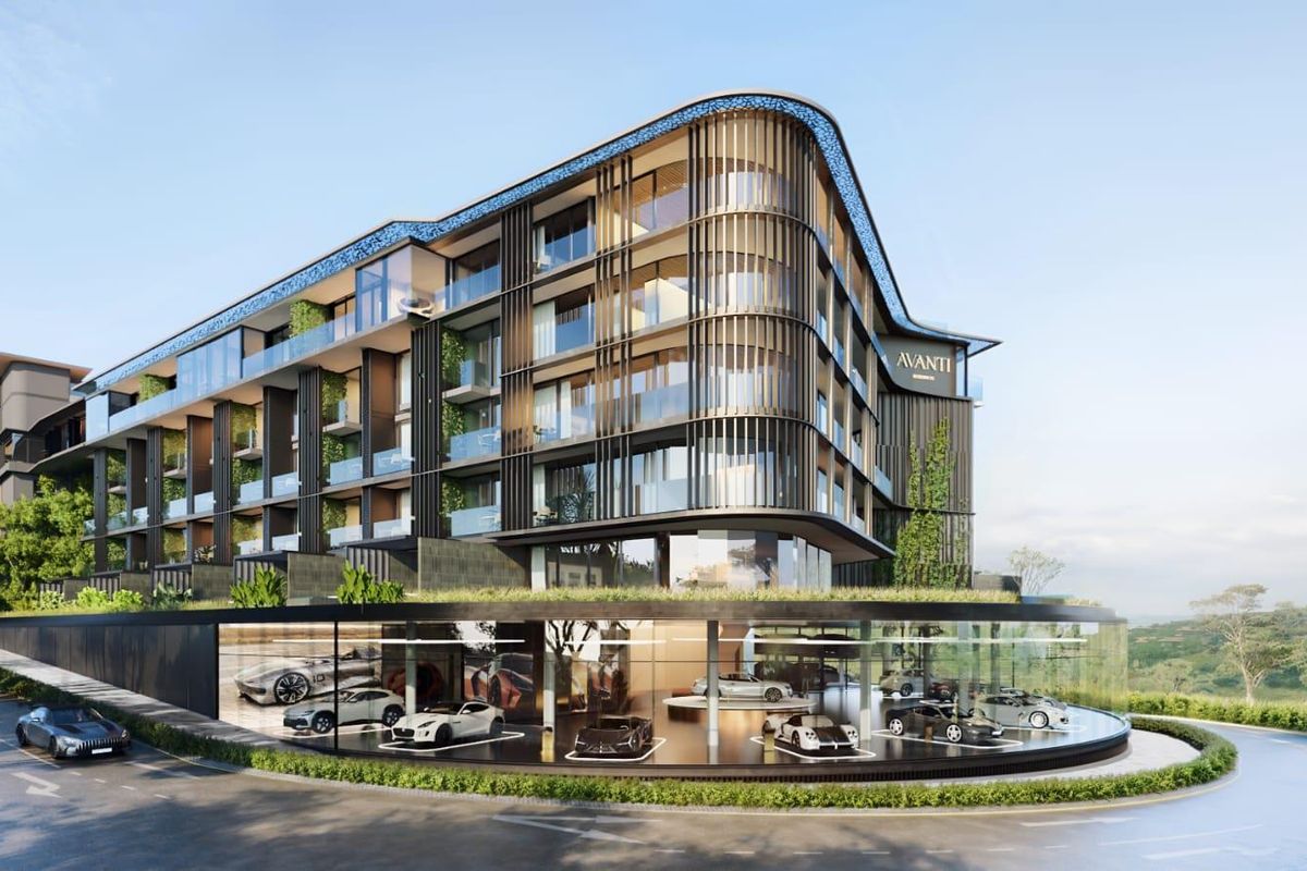A modern architectural rendering of the Avanti apartment complex, featuring a contemporary facade with glass balconies and a prominent ground-level showroom.