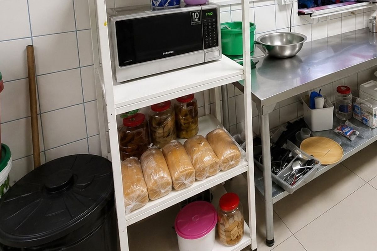 A functional commercial kitchen area featuring tiled walls, tiled flooring, and a stainless steel preparation table for food service operations.