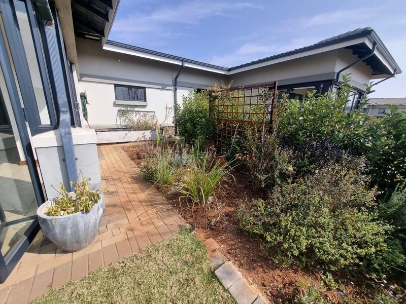 A well-maintained rear garden area featuring a paved walkway, established garden beds, and a decorative trellis against the exterior wall of the house.