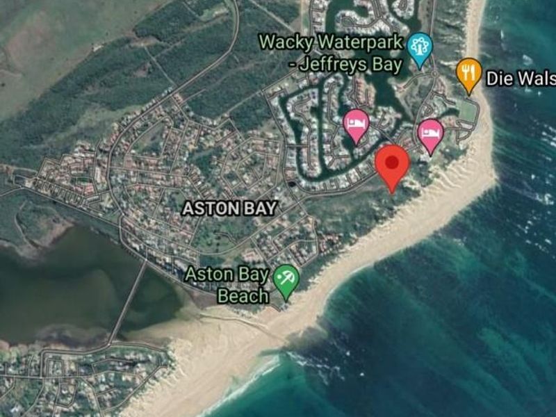 An aerial map view showing the location of the vacant land property in Aston Bay, Jeffreys Bay, near the coastline.