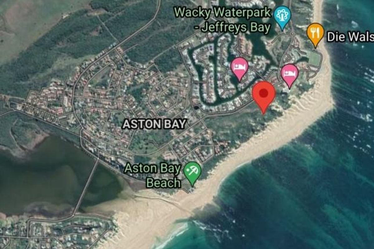 An aerial map view showing the location of the vacant land property in Aston Bay, Jeffreys Bay, near the coastline.