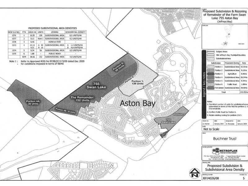 A proposed subdivision and rezoning plan for the remainder of Farm Swan Lake 755 in Aston Bay, detailing proposed unit densities and land zoning.