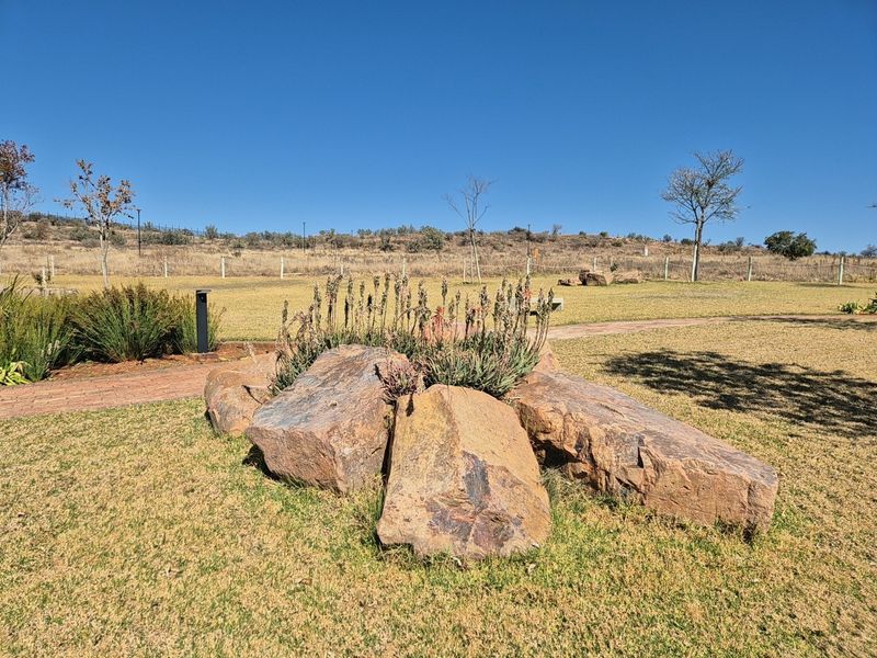 A well-maintained residential garden area featuring a natural rock landscaping element, paved pathways, and open lawn space under a clear blue sky.