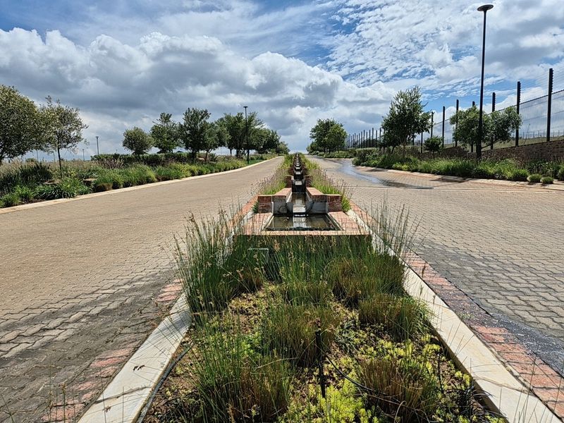 A well-maintained residential street featuring a central water feature, paved road surfaces, and landscaped verges within a secure estate.