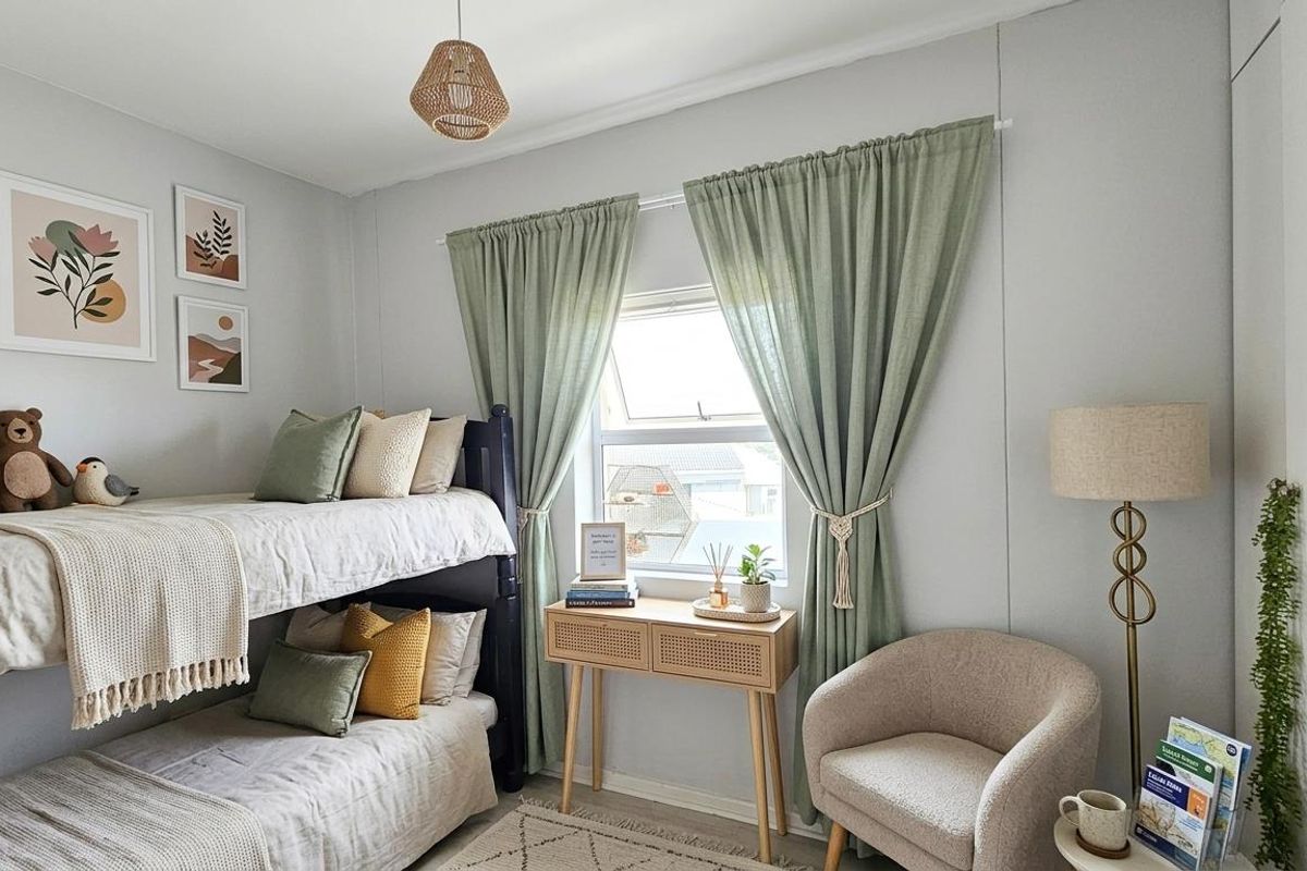 A well-maintained bedroom featuring neutral wall tones, a window with curtain treatments, and built-in wardrobe storage.