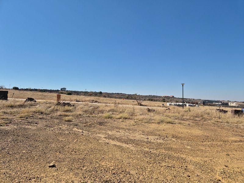 A vacant residential plot featuring dry natural vegetation, street lighting, and perimeter fencing, offering a clear view of the surrounding landscape.