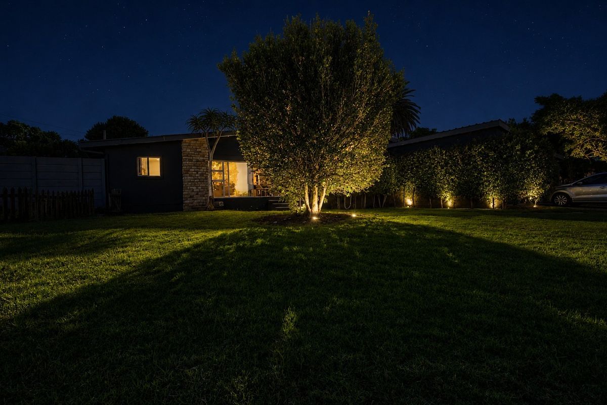 A beautifully illuminated rear garden at night, featuring a manicured lawn, mature tree, and exterior accent lighting against the home's stone-clad facade.