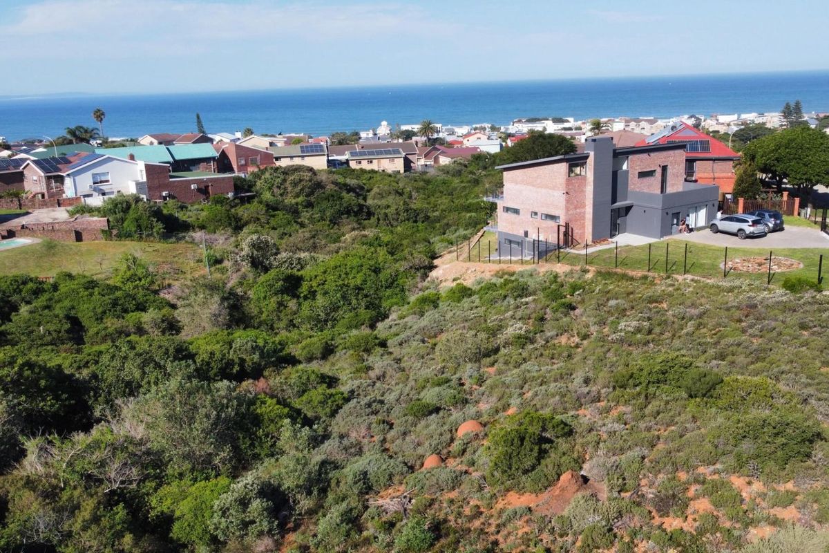 Aerial view of a vacant residential plot featuring natural coastal vegetation, with established neighboring properties and ocean views in the background.