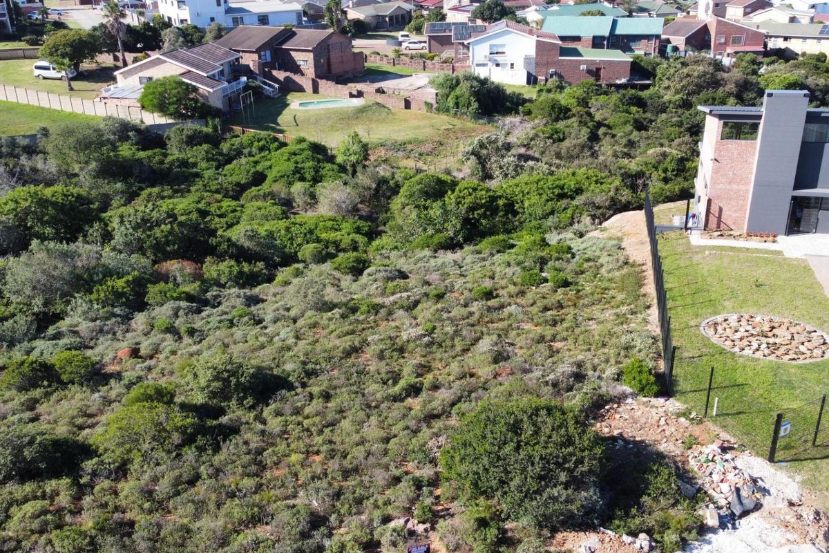 An aerial view of a vacant residential plot featuring natural vegetation, adjacent to existing residential properties and a modern home.