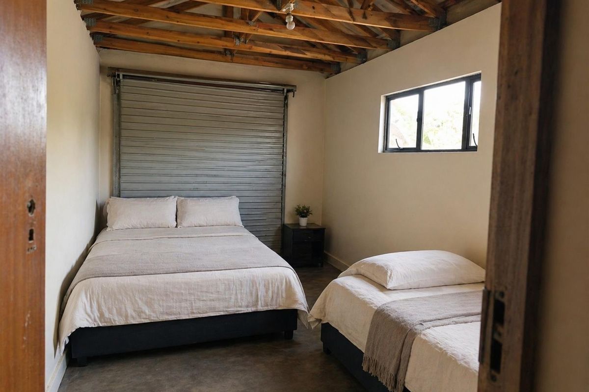 A rustic bedroom featuring exposed timber roof trusses, polished concrete flooring, and a unique industrial roller door feature wall.