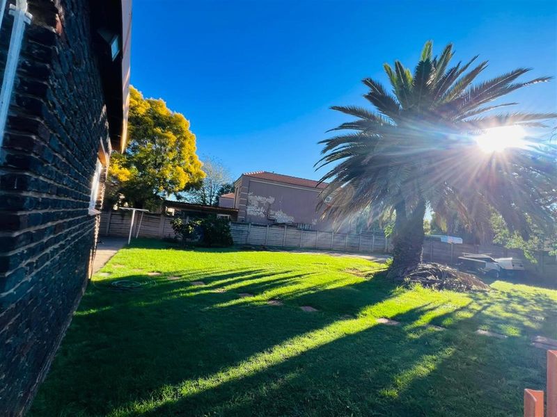 A spacious rear garden featuring a large palm tree, manicured lawn, and perimeter walling, providing a private outdoor space.