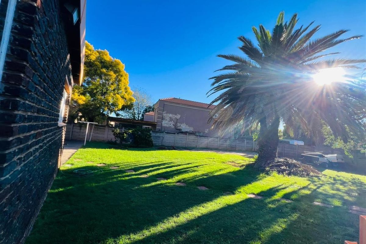 A spacious rear garden featuring a large palm tree, manicured lawn, and perimeter walling, providing a private outdoor space.