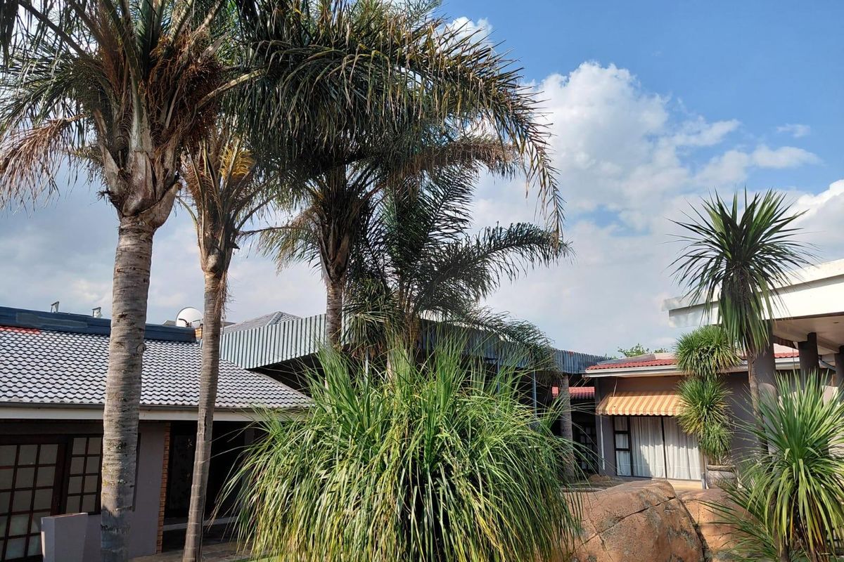 A view of the rear exterior of the house featuring a landscaped garden, mature palm trees, and a covered patio area.