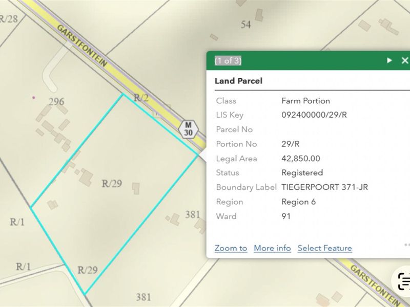 A digital land parcel map showing the cadastral boundaries and legal details for the property portion in Tiegerpoort.