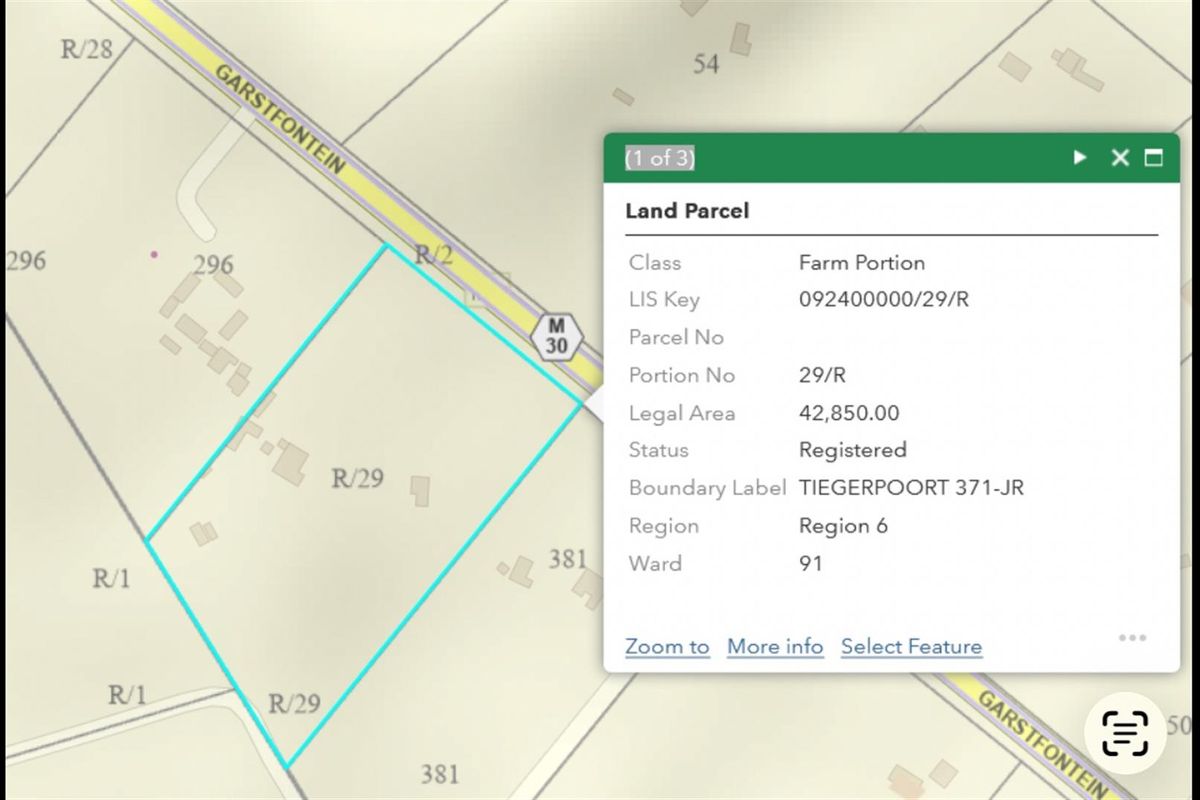 A digital land parcel map showing the cadastral boundaries and legal details for the property portion in Tiegerpoort.