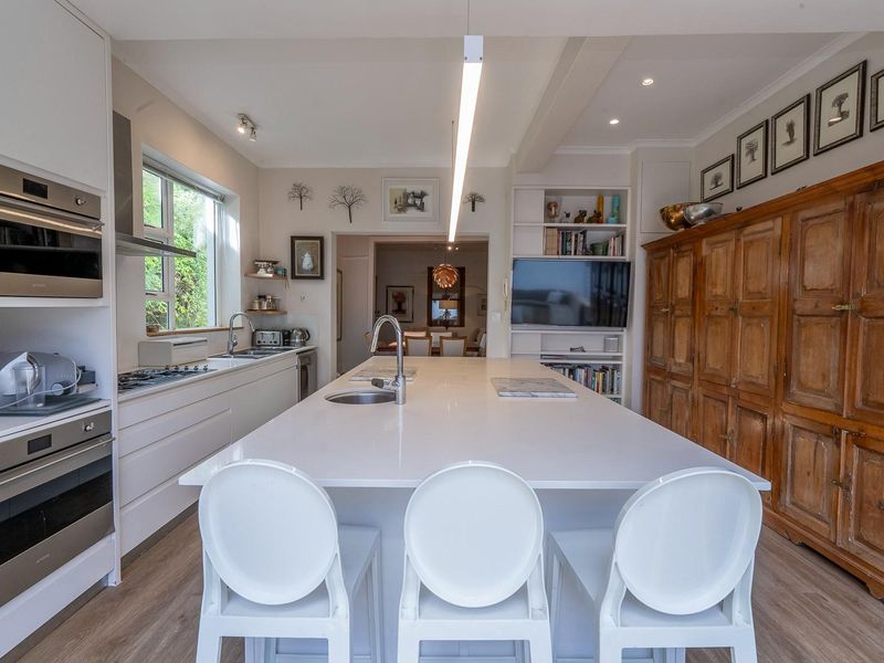 Modern open-plan kitchen featuring a large central island with a prep sink, integrated stainless steel appliances, and ample built-in cabinetry.