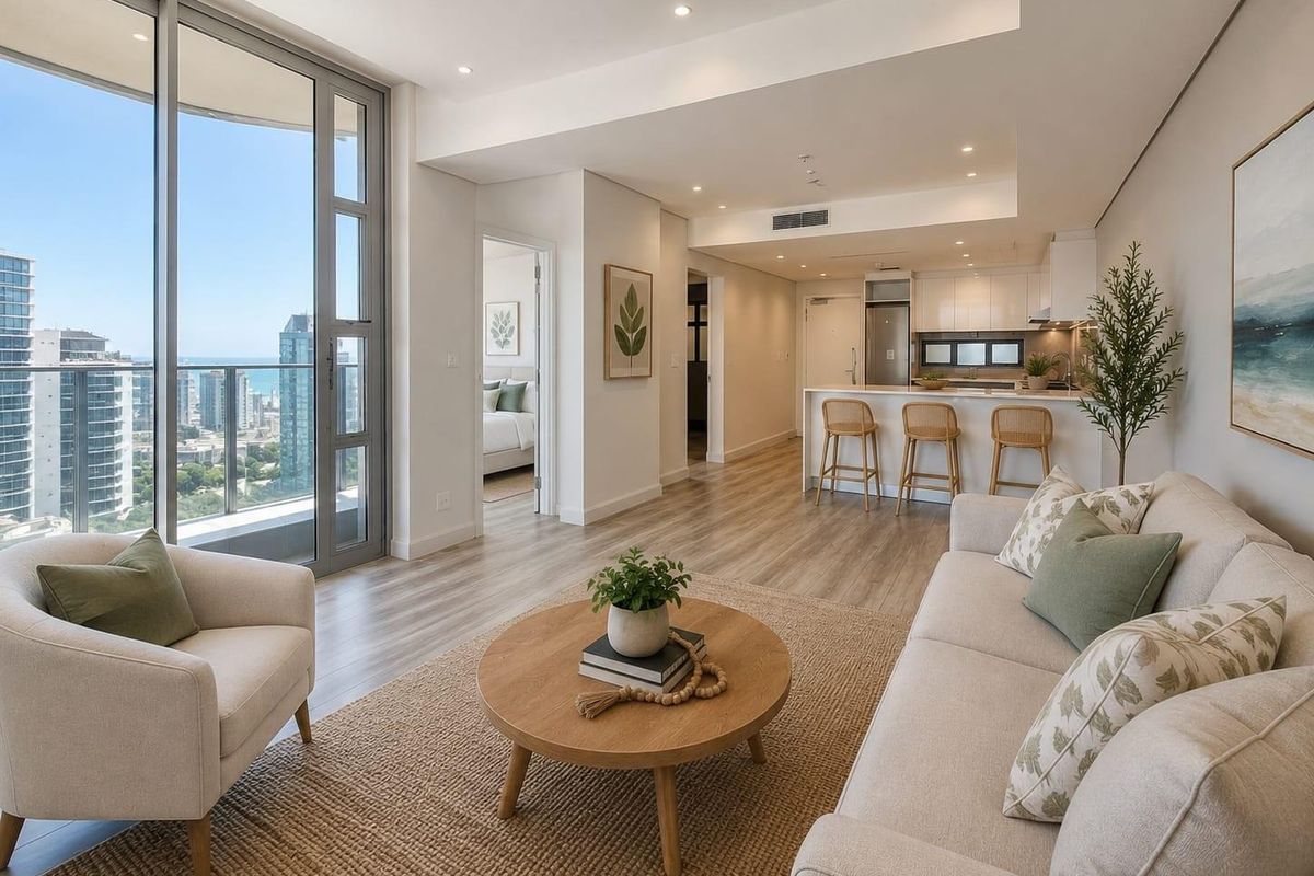 Modern open-plan living area featuring a sleek kitchen with breakfast bar, wood-look flooring, and floor-to-ceiling glass doors opening to a balcony with city views.