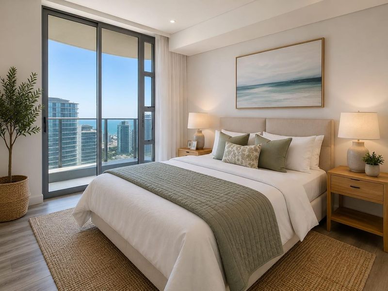 A modern, well-lit bedroom featuring floor-to-ceiling sliding glass doors that open onto a private balcony with expansive city and ocean views.