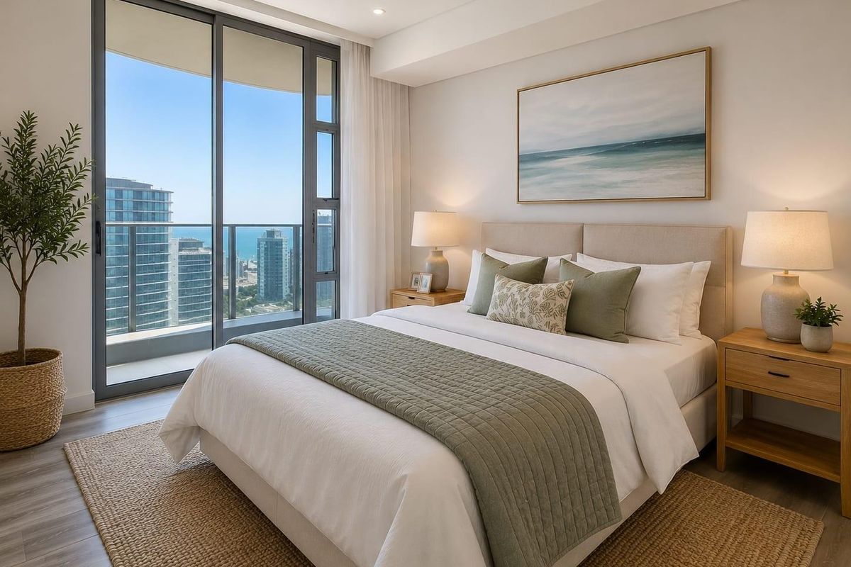 A modern, well-lit bedroom featuring floor-to-ceiling sliding glass doors that open onto a private balcony with expansive city and ocean views.