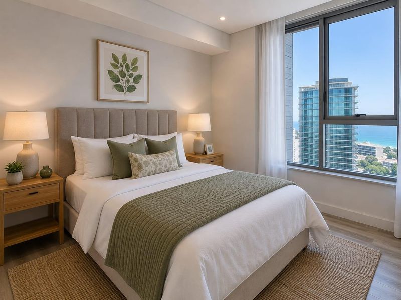 A bright and modern bedroom featuring large windows with city and ocean views, neutral finishes, and recessed ceiling lighting.