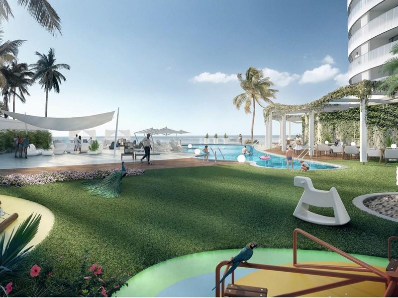 A high-end residential pool area featuring landscaped gardens, a swimming pool, and a children's play area with modern architectural design.