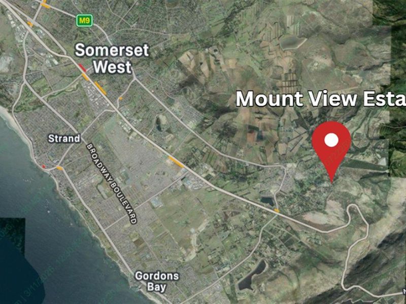 An aerial map view showing the location of Mount View Estate in relation to Somerset West, Strand, and Gordons Bay.