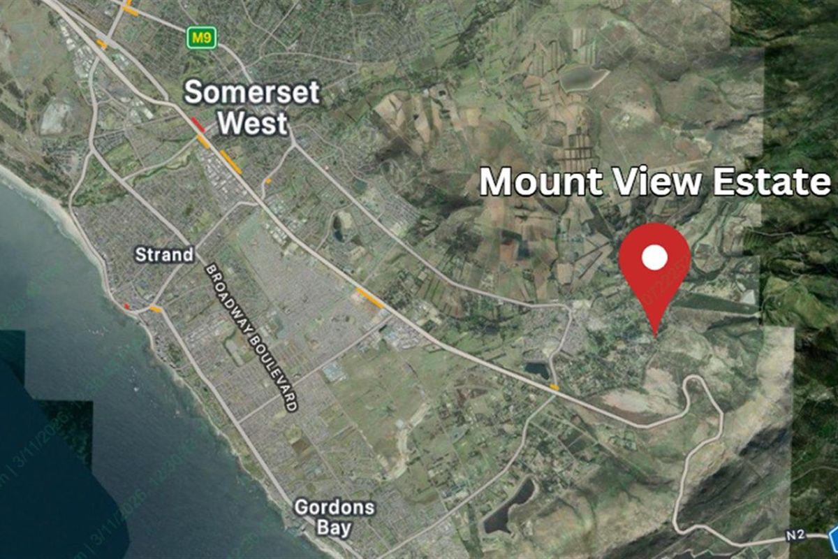 An aerial map view showing the location of Mount View Estate in relation to Somerset West, Strand, and Gordons Bay.