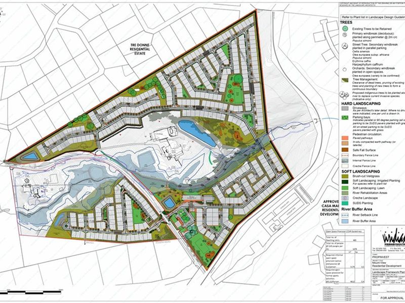 A detailed landscape framework plan for the Tre Donne Residential Estate, outlining proposed site layout, vegetation, and infrastructure development.