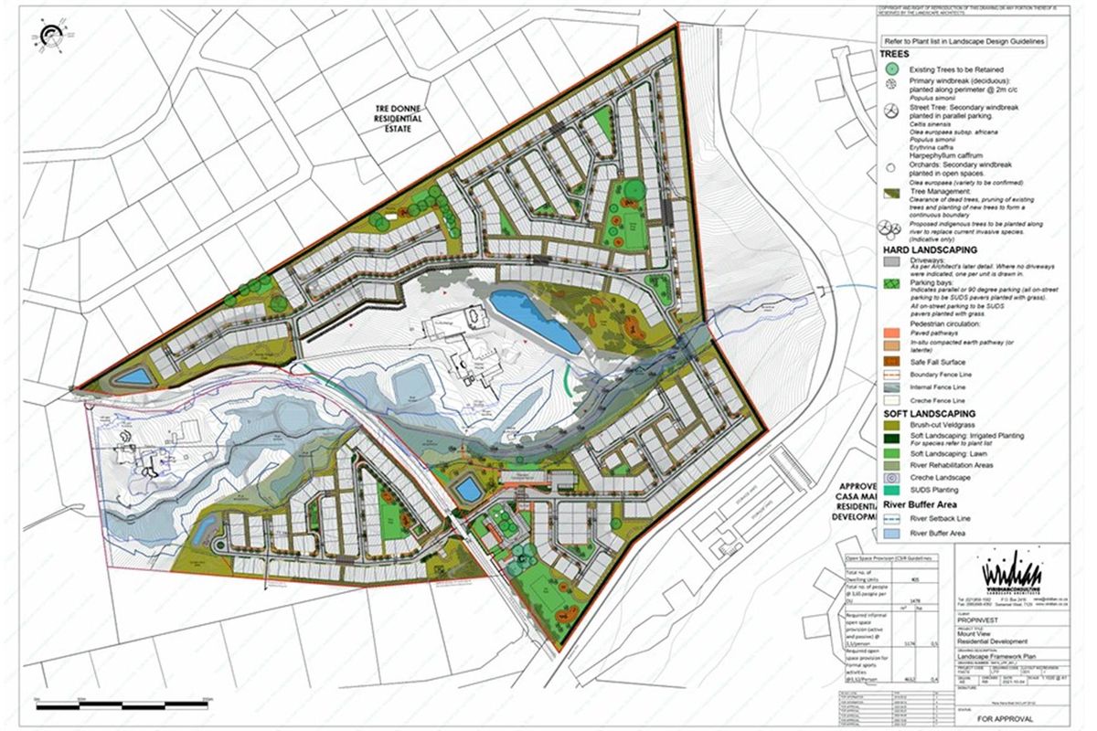 A detailed landscape framework plan for the Tre Donne Residential Estate, outlining proposed site layout, vegetation, and infrastructure development.