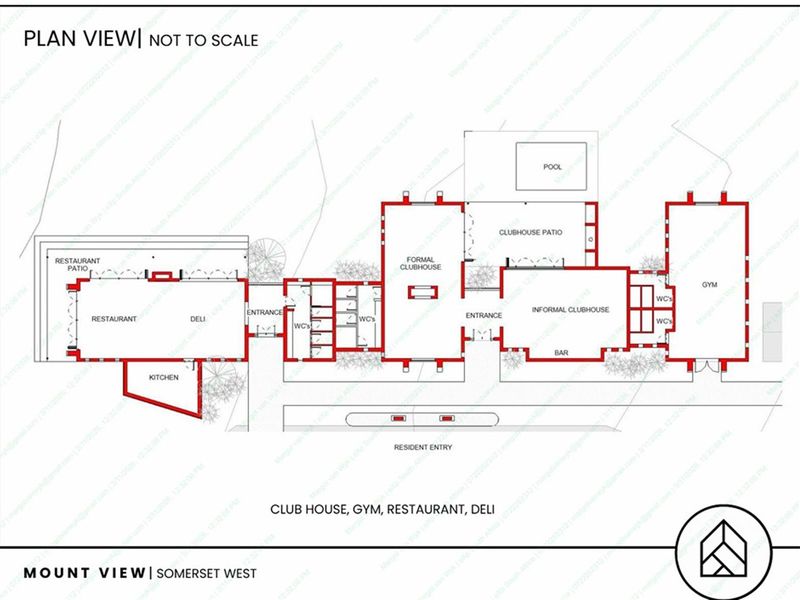Architectural floor plan detailing the layout of the clubhouse, including restaurant, deli, gym, bar, and pool area facilities.