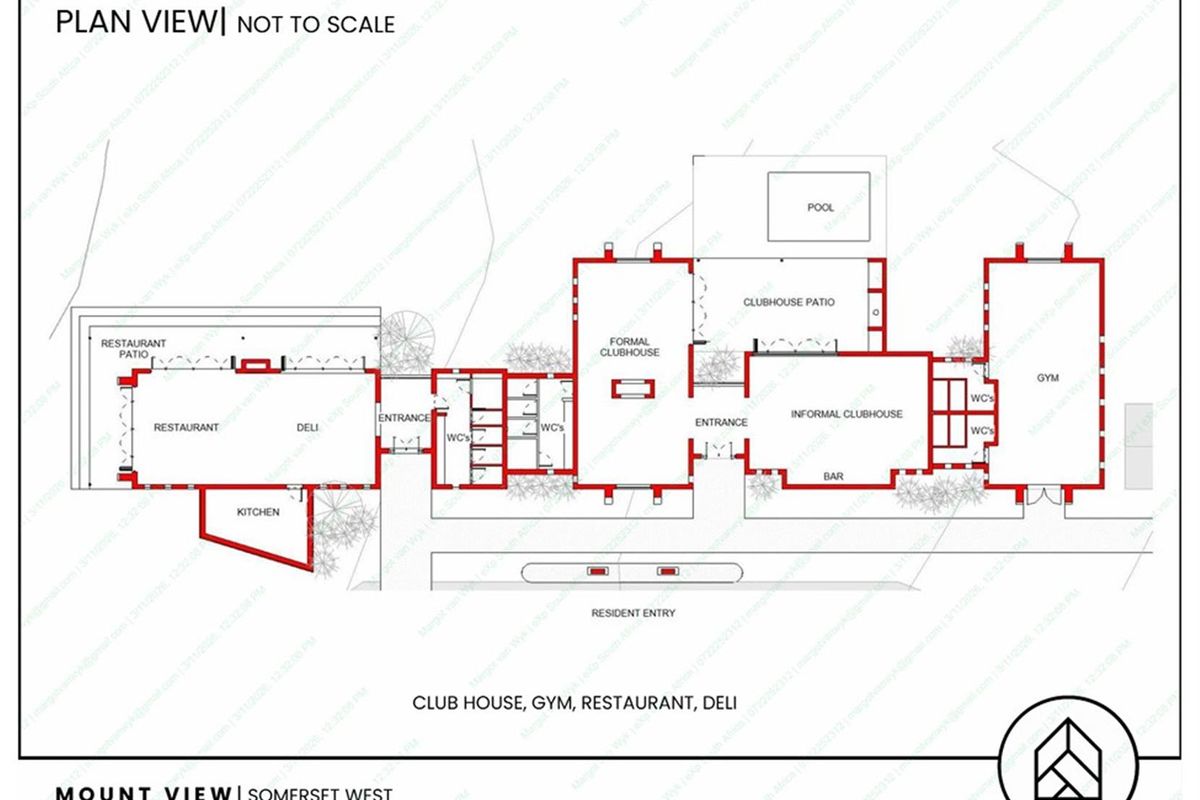 Architectural floor plan detailing the layout of the clubhouse, including restaurant, deli, gym, bar, and pool area facilities.