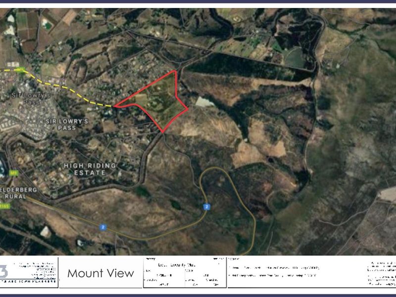 An aerial view showing the location and boundaries of the vacant residential land plot in the Sir Lowry's Pass area.
