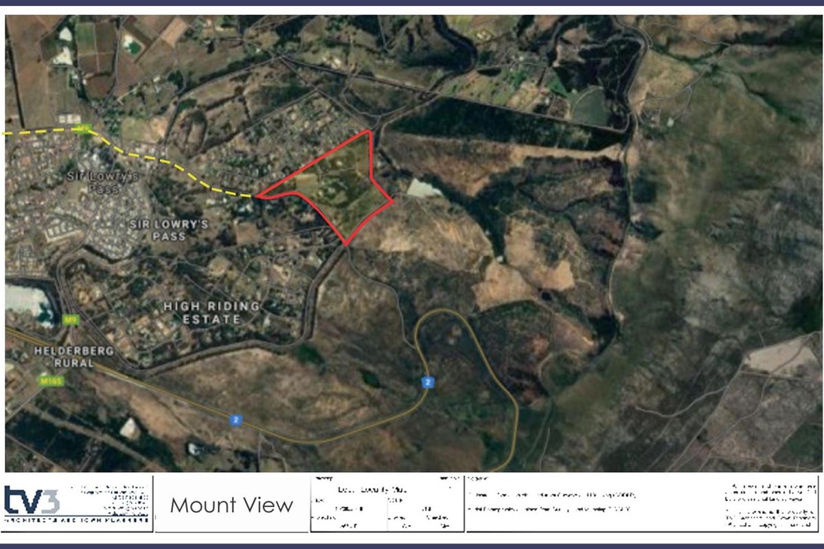An aerial view showing the location and boundaries of the vacant residential land plot in the Sir Lowry's Pass area.