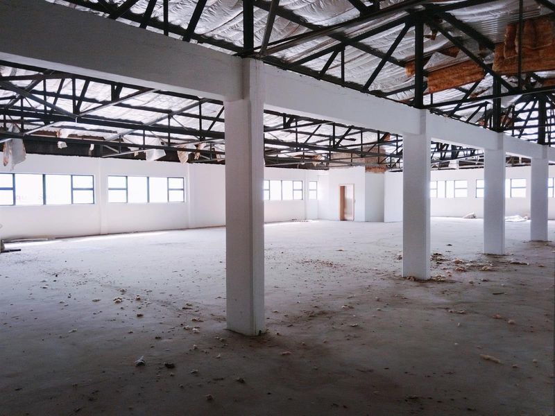 Expansive open-plan commercial warehouse space featuring high ceilings with exposed steel trusses, concrete flooring, and large windows providing ample natural light.