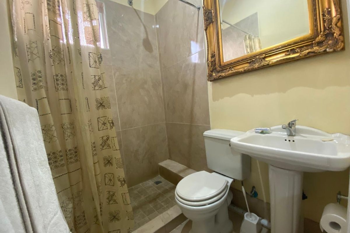 A functional bathroom featuring a tiled shower enclosure, pedestal sink, and toilet, finished with neutral wall tones and a decorative wall mirror.