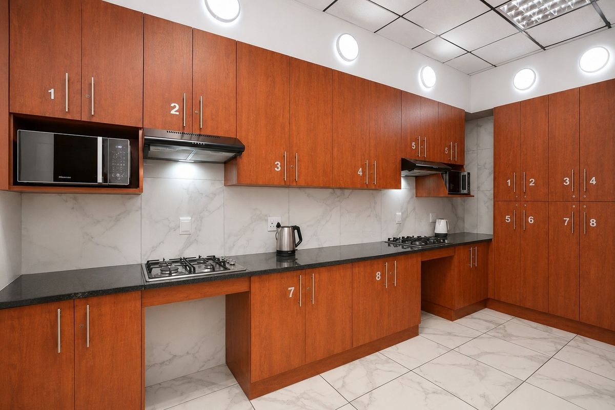 A modern commercial kitchen featuring wood-finish cabinetry, granite countertops, dual gas hobs, extractor fans, and marble-look tiled flooring and backsplash.
