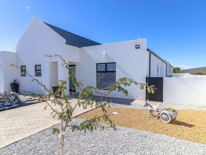 A modern, white-painted single-story house featuring a clean facade, paved driveway, and low-maintenance landscaped front garden area.