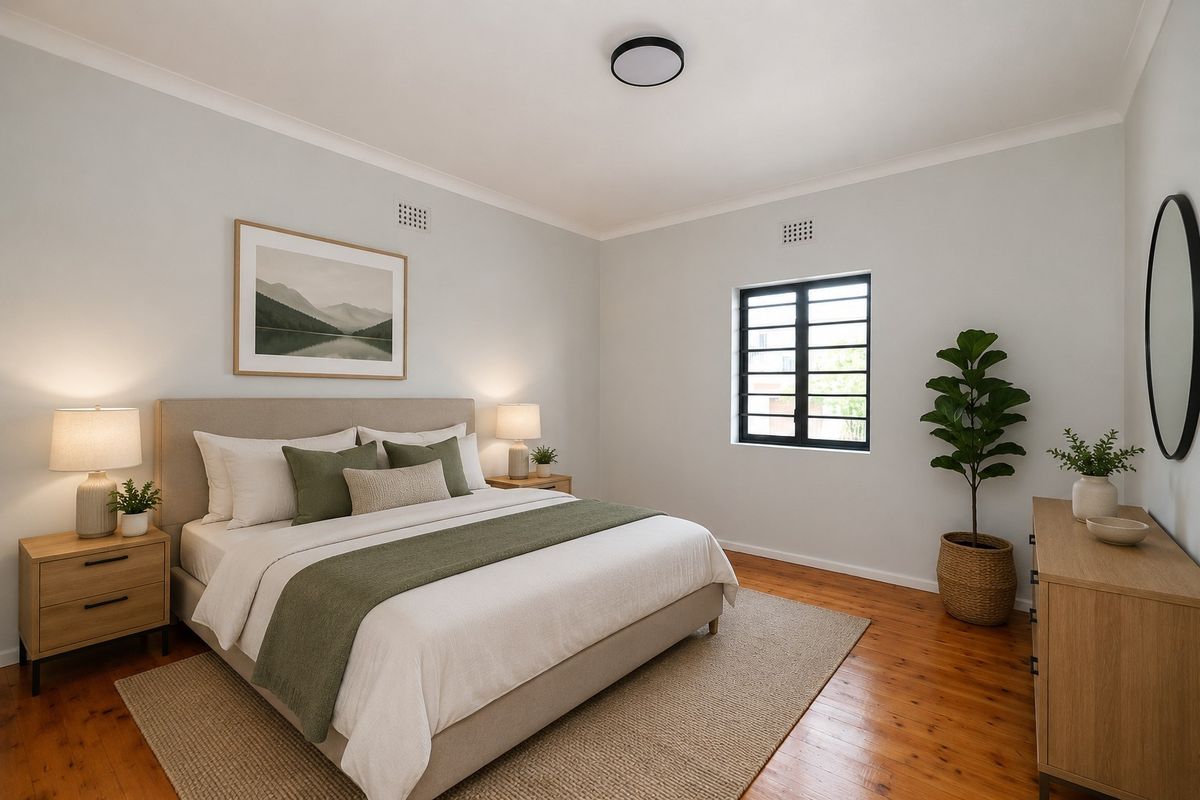 A well-maintained bedroom featuring polished timber flooring, a large window with security bars, and modern ceiling lighting.