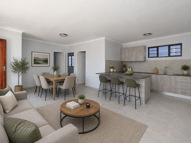 Modern open-plan living area featuring a contemporary kitchen with stone-look cabinetry, breakfast bar, and tiled flooring throughout.