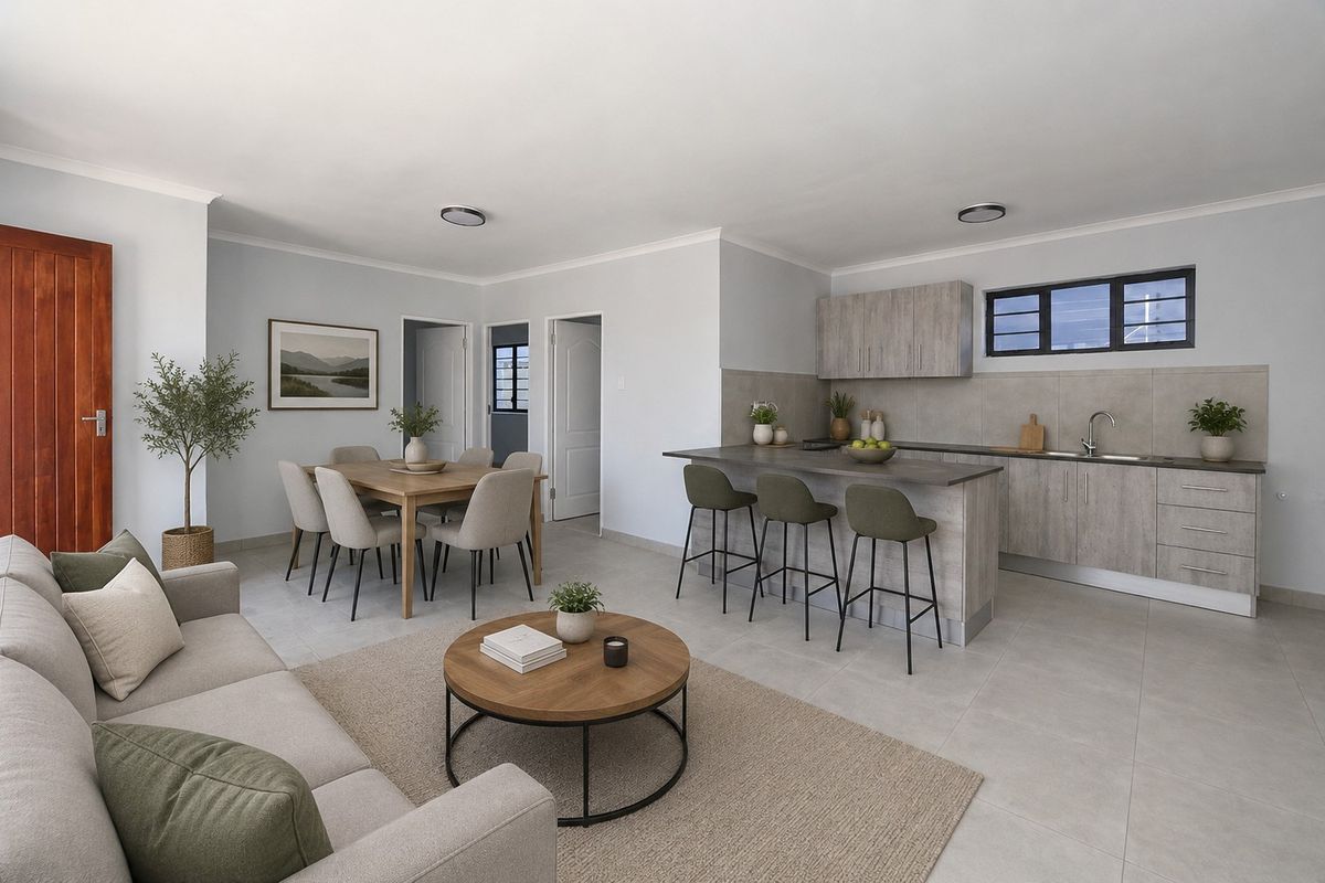 Modern open-plan living area featuring a contemporary kitchen with stone-look cabinetry, breakfast bar, and tiled flooring throughout.