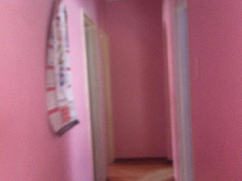 A narrow residential hallway with pink painted walls and wood-look flooring.